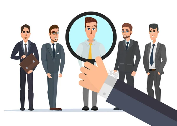 Recrutamento mão Zoom Magnifying Glass Picking. Candidato a uma pessoa de negócios. Pessoas Grupo Vector ilustração isolada sobre fundo branco em estilo plano . — Vetor de Stock