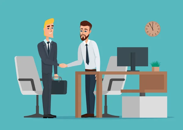 Two businessmen in suits are handshaking in the office near the workplace. Business concept. Vector creative color illustrations flat design in flat modern style. — Stock Vector