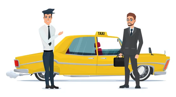 Taxista invita a empresarios hombres de negocios van a coche. Ilustración vectorial aislada sobre fondo blanco en estilo plano — Vector de stock
