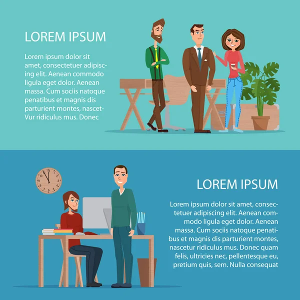 Escena de personajes de negocios. Trabajo en equipo en la oficina de negocios moderna. Ilustración del vector de caricatura. Conjunto de banners para su diseño web en estilo empresarial. Plantilla para su texto . — Vector de stock