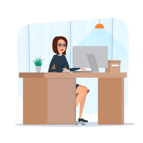 Mujer de negocios empresaria en un traje que trabaja en un escritorio de la oficina de la computadora portátil. Concepto de dibujos animados de negocios. Ilustración vectorial aislada sobre fondo blanco en estilo plano . — Vector de stock