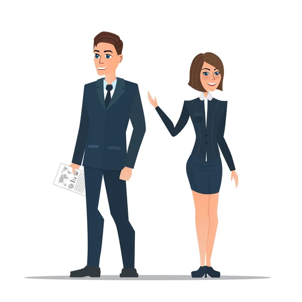 Couple business people in business suits is standing in the office. Successful team. Illustration isolated on white background in flat style — Stock Vector