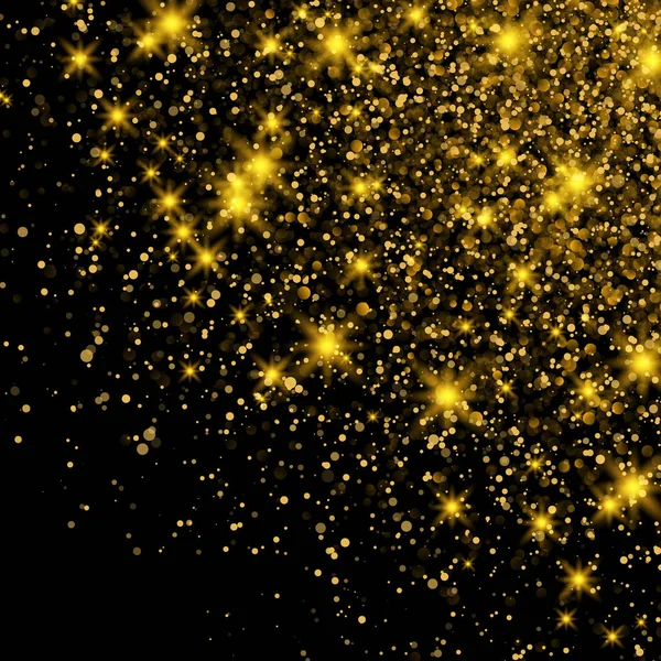 Guld Glitter Dust konsistens. Glittrande bakgrund lysande guld stjärnor stjärnan dammar gnistor i explosion på svart bakgrund. Guld partiklar. Lyx Design. Vektorillustration — Stock vektor