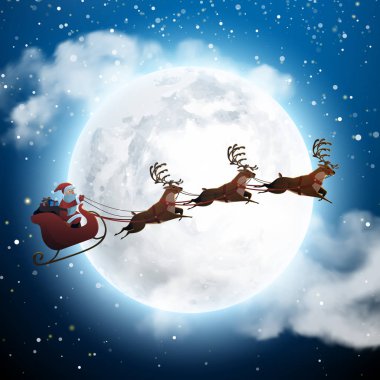 Noel Baba geyik ile bir atlı kızak üzerinde gece ve büyük ay uçan. Selamlama veya posta kartı arka plan için karlı Noel peyzaj konsept illüstrasyon karikatür tarzı vektör