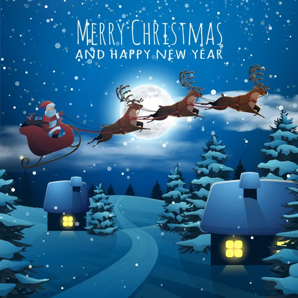 Καλά Χριστούγεννα και Ευτυχισμένο το νέο έτος κάρτα. Άγιος Βασίλης που φέρουν σε ένα έλκηθρο με τα ελάφια. Χριστουγεννιάτικα σπιτάκια με χιονόπτωση το βράδυ. Χειμερινό χωριό Χριστούγεννα αφίσα. Vector εικονογράφηση φόντο σε στυλ καρτούν — Διανυσματικό Αρχείο