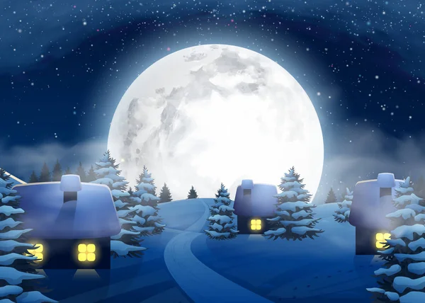 Noël Hiver Grande pleine lune Paysage nocturne avec petites maisons pour carte postale Site Web Graphic Félicitation Matériel imprimé. Bonne année 2017. Illustration vectorielle de fond dans le style de bande dessinée — Image vectorielle