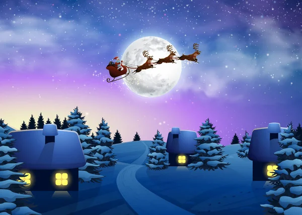 Jul hus i snöfall natt fullmåne. Vackra Gran träd Winter Village Xmas. Jultomten som flyger på en släde med rådjur. Vektor Illustration bakgrund i tecknad stil — Stock vektor