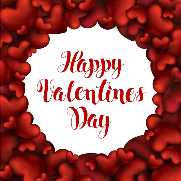 3D realistische rote Herzen mit Schriftzug Happy Valentinstag Grüße in weißem Kreis Hintergrund. Urlaub glänzende Motion Design-Karte. Vektorillustration abstrakt — Stockvektor