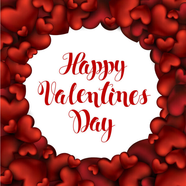 3D Realistic Red Hearts with Lettering Happy Valentines Day Greetings in White Circle Background. Holiday Shining Motion Design Card. Vector Illustration Abstract