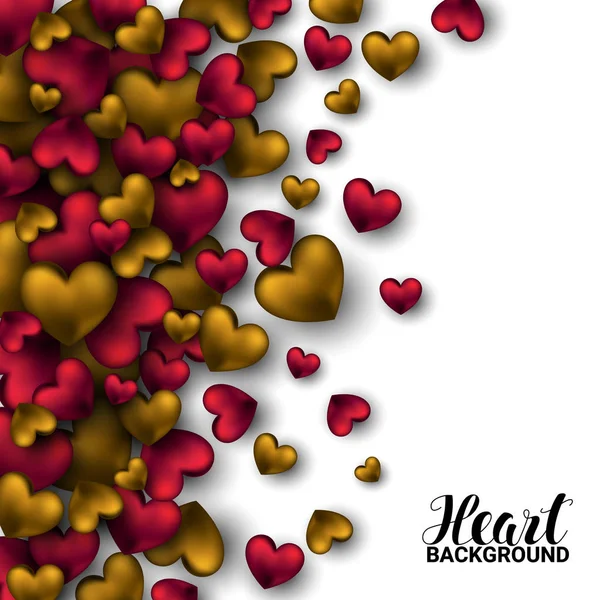 Realistické 3d barevné červené a zlaté rádi romantické Valentine srdce Valentines. Vektorový obrázek pozadí. — Stockový vektor