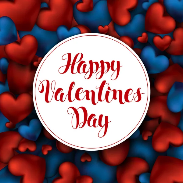 Objętości 3d realistyczne serca czerwone tło z Happy Valentines Day pozdrowienia w białej koło. Streszczenie kaligrafia napis wyciągnąć rękę. Ilustracja wektorowa. — Wektor stockowy