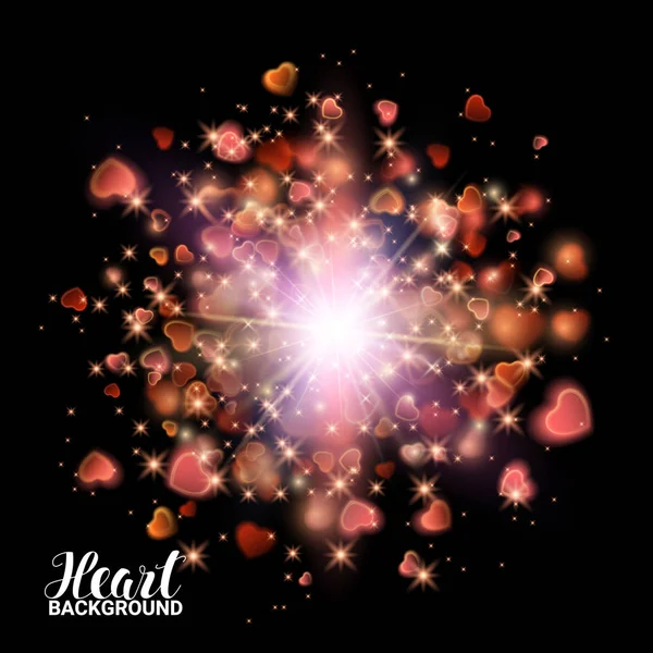 Corazón de Oro Rojo y Rosa de Dust Firework Explosion Burst sobre fondo negro. Rayos de luz de vacaciones abstractos. Bokeh y Sparkles. Faro de lente de luz solar. Ilustración vectorial Feliz día de San Valentín — Vector de stock