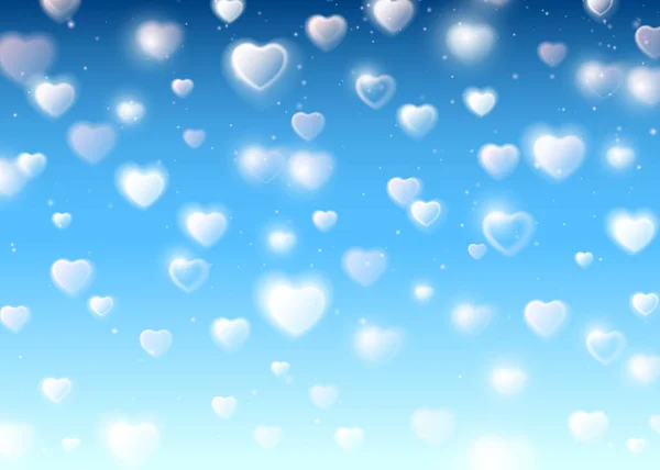 Valentine 's Day Blur and Glow White Falling Hearts (en inglés). Ilustración vectorial Hermoso fondo azul. Elemento de diseño — Archivo Imágenes Vectoriales