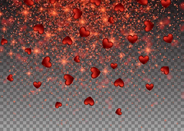 Effet de paillettes de particules réalistes. Résumé tombant cœurs rouges étincelants. Élément design lumineux pour les vacances de décoration Saint-Valentin. Effet d'illustration vectorielle Isolé sur fond transparent — Image vectorielle