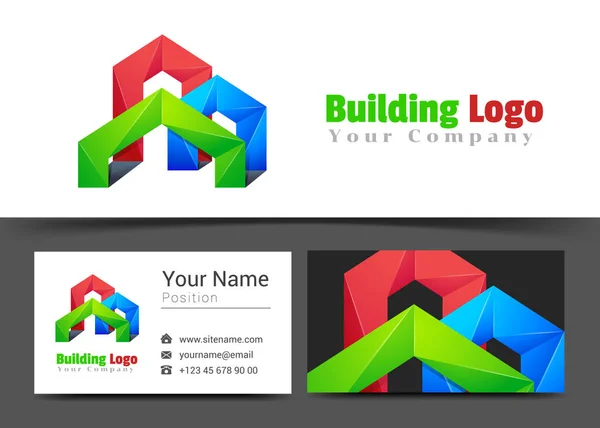 Real Estate Building Corporate Logo and Business Card Sign Template (dalam bahasa Inggris). Creative Design with Colorful Logotype Visual Identity Composition Made of Multicolored Element (dalam bahasa Inggris). Ilustrasi Vektor - Stok Vektor