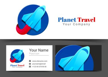 Mavi uçak uçak seyahat turizm şirket logosu ve kartvizit işareti şablon. Yaratıcı tasarım renkli Logo görsel kimlik kompozisyon çok renkli eleman ile. Vektör çizim