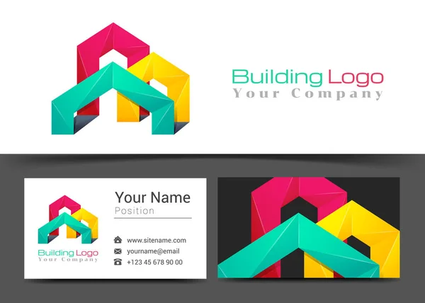 Κτίριο του εταιρικού λογότυπου και επαγγελματική κάρτα εισόδου πρότυπο. Δημιουργικό σχεδιασμό με πολύχρωμο λογότυπο οπτική ταυτότητα σύνθεση φτιαγμένο από πολύχρωμα στοιχείο. Εικονογράφηση διάνυσμα — Διανυσματικό Αρχείο