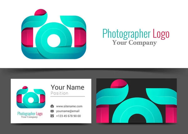 Κάμερα φωτογράφος Studio εταιρικό λογότυπο και σήμα πρότυπο επαγγελματική κάρτα. Δημιουργικό σχεδιασμό με πολύχρωμο λογότυπο οπτική ταυτότητα σύνθεση φτιαγμένο από πολύχρωμα στοιχείο. Εικονογράφηση διάνυσμα — Διανυσματικό Αρχείο