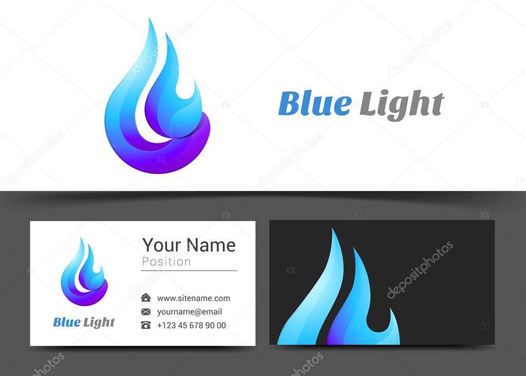 Blue Flame Fire Corporate Logo and Business Card Sign Template. Creative Design with Colorful Logotype Visual Identity Composition Made of Multicolored Element. Vector Illustration.