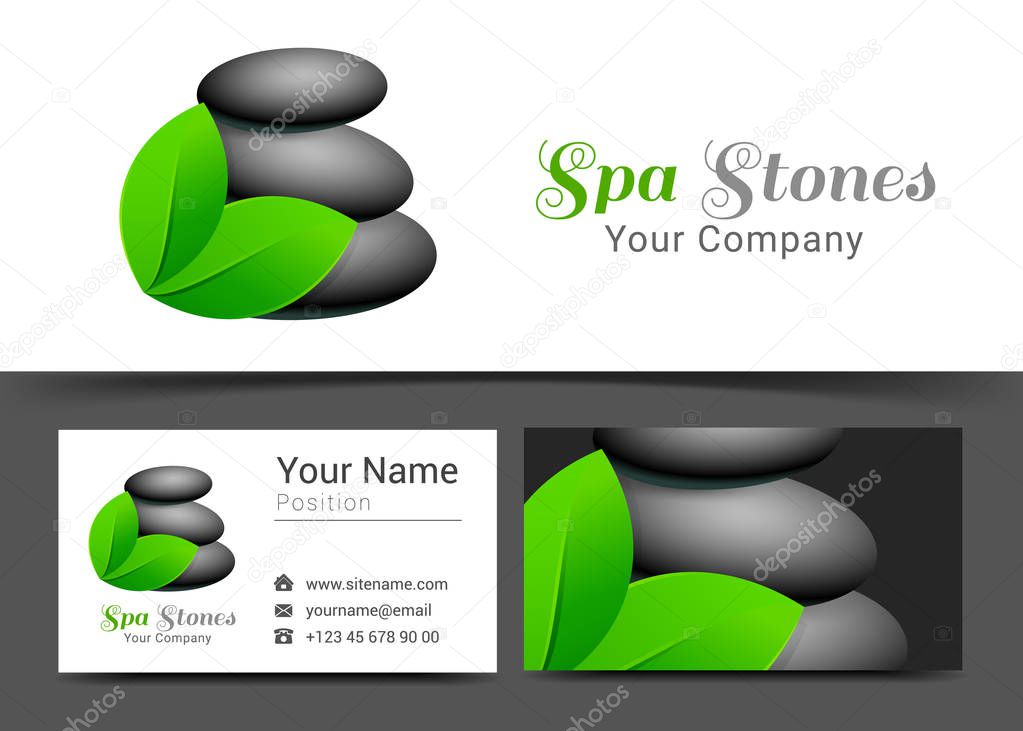 Beautiful Spa Stones Yoga Beauty Corporate Logo and Business Card Sign Template. Creative Design with Colorful Logotype Visual Identity Composition Made of Multicolored Element. Vector Illustration.