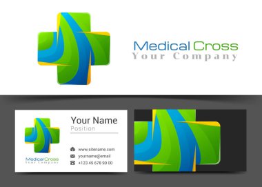 Tıbbi logosunu ve kartvizit işareti şablon çapraz. Yaratıcı tasarım ile çok renkli unsuru yapılan renkli Logo görsel kimlik oluşturma. Vektör çizim