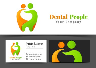 İnsanlar sağlıklı diş diş bakımı logosunu ve kartvizit şablonunu imzalama. Yaratıcı tasarım ile çok renkli unsuru yapılan renkli Logo görsel kimlik oluşturma. Vektör çizim