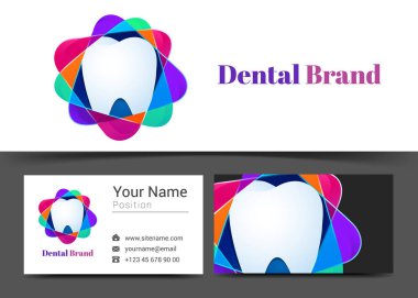 Diş dişçi Logo şirket logosu ve kartvizit işareti şablon. Yaratıcı tasarım ile çok renkli unsuru yapılan renkli Logo görsel kimlik oluşturma. Vektör çizim