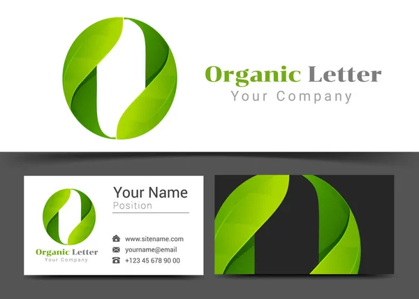 O γράμμα με πράσινα φύλλα εταιρικό λογότυπο και σήμα πρότυπο επαγγελματική κάρτα. Δημιουργικό σχεδιασμό με πολύχρωμο λογότυπο οπτική ταυτότητα σύνθεση φτιαγμένο από πολύχρωμα στοιχείο. Εικονογράφηση διάνυσμα — Διανυσματικό Αρχείο