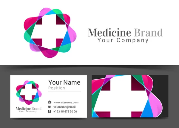 Kreuz plus medizinisches Firmenlogo und Visitenkartenunterschriftsvorlage. kreatives Design mit farbenfrohem Logo visuelle Identitätskomposition aus bunten Elementen. Vektorillustration — Stockvektor