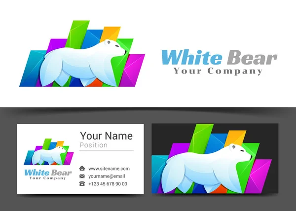 Ejecutando el logotipo corporativo del oso polar y la plantilla de signo de tarjeta de visita. Diseño creativo con colorido logotipo Composición de identidad visual hecha de elemento multicolor. Ilustración vectorial — Vector de stock