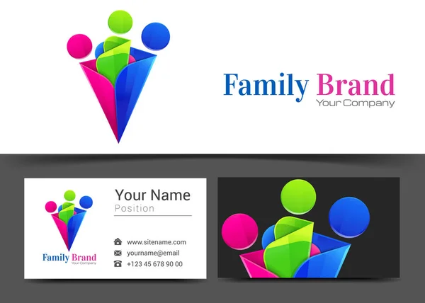 Familie mensen Corporate Logo en visitekaartje sjabloon ondertekenen. Creatieve ontwerp met kleurrijke logo visuele identiteit samenstelling gemaakt van veelkleurige element. Vectorillustratie — Stockvector