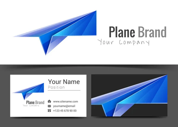 Έναρξη επάνω χαρτί αεροπλάνο του εταιρικού λογότυπου και επαγγελματική κάρτα εισόδου πρότυπο. Δημιουργικό σχεδιασμό με πολύχρωμο λογότυπο οπτική ταυτότητα σύνθεση φτιαγμένο από πολύχρωμα στοιχείο. Εικονογράφηση διάνυσμα — Διανυσματικό Αρχείο