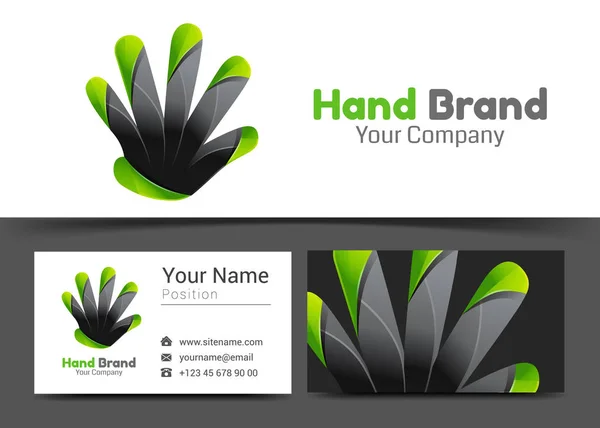 Χέρι του εταιρικού λογότυπου και επαγγελματική κάρτα εισόδου πρότυπο. Δημιουργικό σχεδιασμό με πολύχρωμο λογότυπο οπτική ταυτότητα σύνθεση φτιαγμένο από πολύχρωμα στοιχείο. Εικονογράφηση διάνυσμα — Διανυσματικό Αρχείο