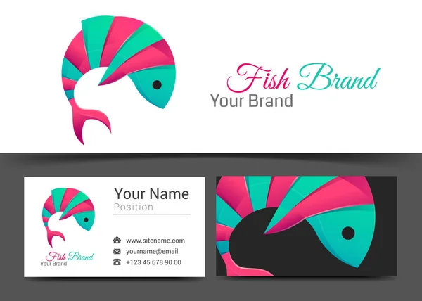 Fisch Corporate Logo und Visitenkarte Zeichen Vorlage. kreatives Design mit bunten Logotyp Business visuelle Identität Komposition aus bunten Element gemacht. Vektorillustration — Stockvektor