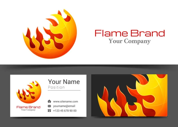 火災の炎の会社のロゴと名刺テンプレートを署名します。カラフルなロゴ事業視覚的なアイデンティティの構成と創造的なデザインは色とりどりの要素から成っています。ベクトル図 — ストックベクタ