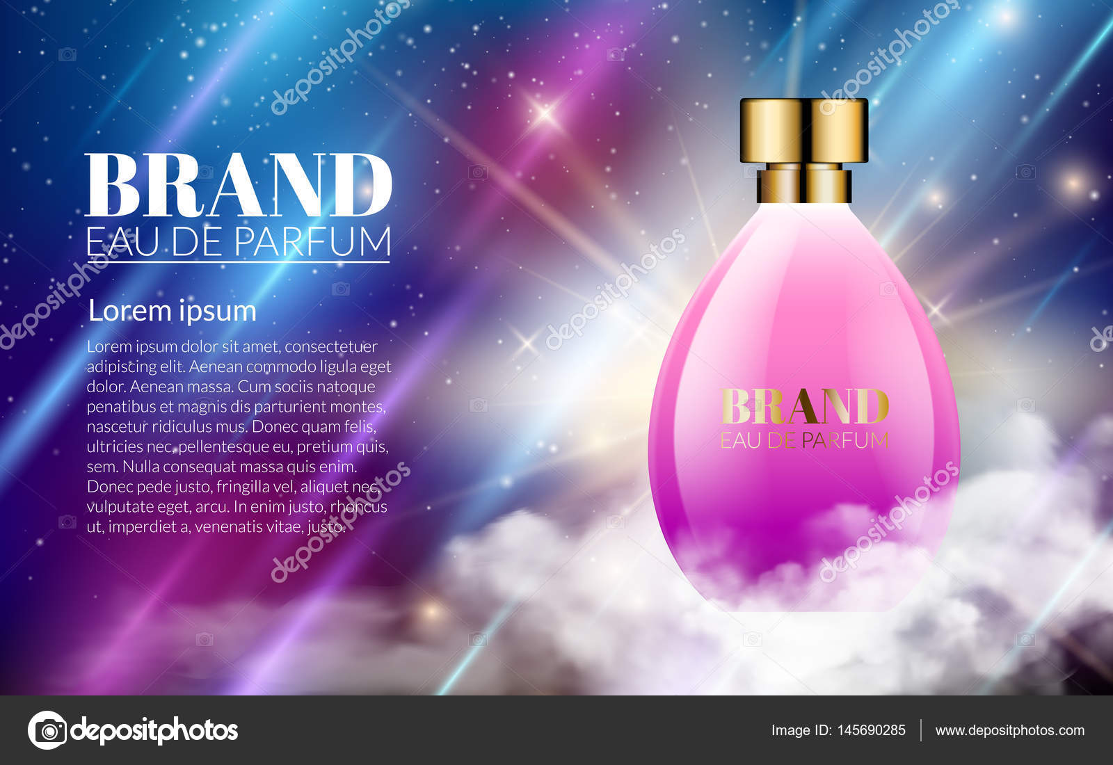 Realistic Perfume Pink Bottles on Shine Blue Background. Luxury Stock