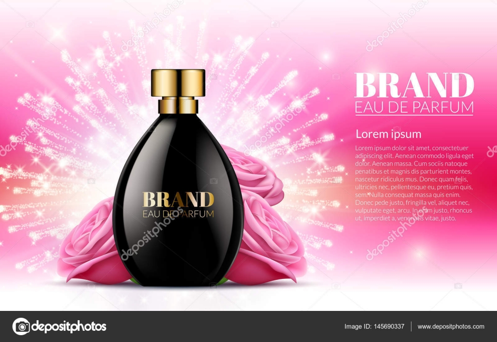 Aroma Liquid Cosmetic Fragrance Beautiful Black Bottle Womens Cosmetic Fragrance Beautiful Black Bottle Womens Perfume Products With Spring Pink Flowers On Blurred Light Bokeh Background Baner Template Your Text