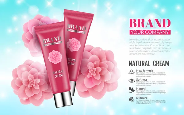 Pink Cream Bottles di Soft Blue Background dengan Pink Flowers. Excellent Cosmetics Advertising, Gentle Creams. Kosmetik Paket Desain Penjualan atau Promosi Produk Baru. Ilustrasi Vektor 3D - Stok Vektor