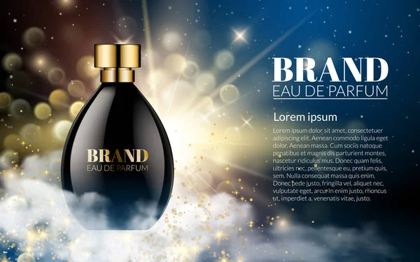 Bouteilles de parfum réalistes noir sur fond bleu doré brillant flou Bokeh. Luxe Belle fumée et odeur. Publicité cosmétique, Doux. Produit de promotion de conception de paquet. Illustration vectorielle 3D — Image vectorielle