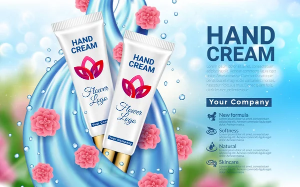 Bokeh Hand Cream biały Tube niebieski upuść i różowe kwiaty niewyraźne tło. Fala Woda Jet. Delikatne kosmetyki reklama. Pakiet Design promocja nowego produktu. Ilustracja wektorowa 3D — Wektor stockowy