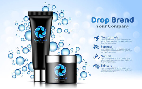 Hand Cream Black Tube and bottle on Soft White and Blue Drop Background. Excellent Cosmetics Advertising, Gentle. Package Design and logo Sale or Promotion New Product. 3D Vector Illustration