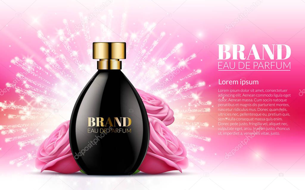 Aroma Liquid. Cosmetic Fragrance. Beautiful Black Bottle Womens Perfume Products With Spring Pink Flowers on Blurred Light Bokeh Background. Baner Template on your text. 3d Vector Illustration