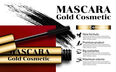 Luxury mascara ads gold package with eyelash applicator brush mascaras VIP background. Package Design Promotion Product. Cosmetics Advertising Banner Billboard Poster Catalog. 3D Vector Illustration clipart
