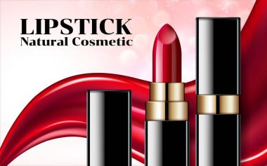 Kırmızı, pembe arka plan kozmetik paket tasarım ürün yalıtılmış ruj makyaj akan göz alıcı moda ruj reklamlar zarif sıvı. Reklam Banner Poster katalog. 3D vektör çizim