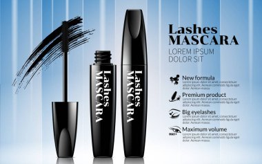 Siyah maskara sürün, karkas yumuşak beyaz çizgi ve mavi arka plan. Mükemmel reklam. Kozmetik paket tasarım satış promosyon yeni ürün. 3D vektör çizim