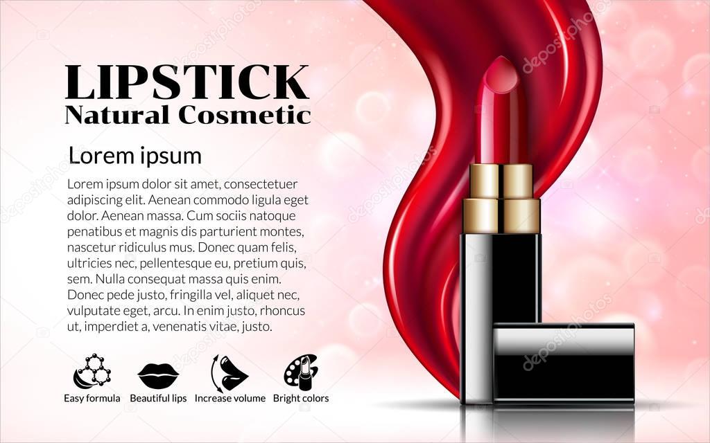 Glamorous Fashion lipstick ads elegant liquid flowing lipsticks for makeup isolated on scarlet pink background Cosmetics Package Product. Advertising Banner Poster Catalog. 3D Vector Illustration