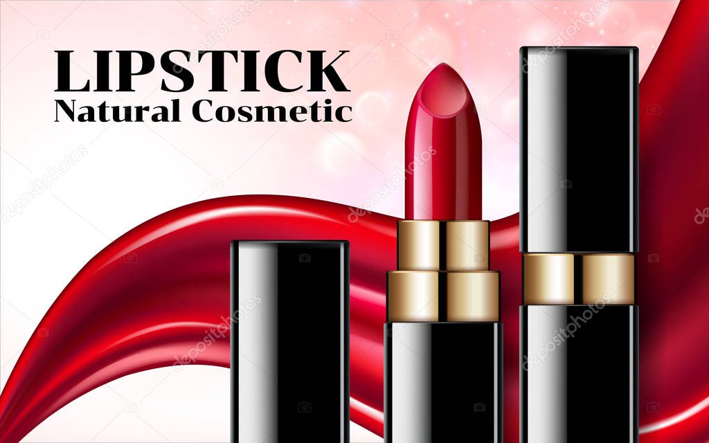 Glamorous Fashion lipstick ads elegant liquid flowing lipsticks makeup isolated on scarlet pink background Cosmetics Package Design Product. Advertising Banner Poster Catalog. 3D Vector Illustration