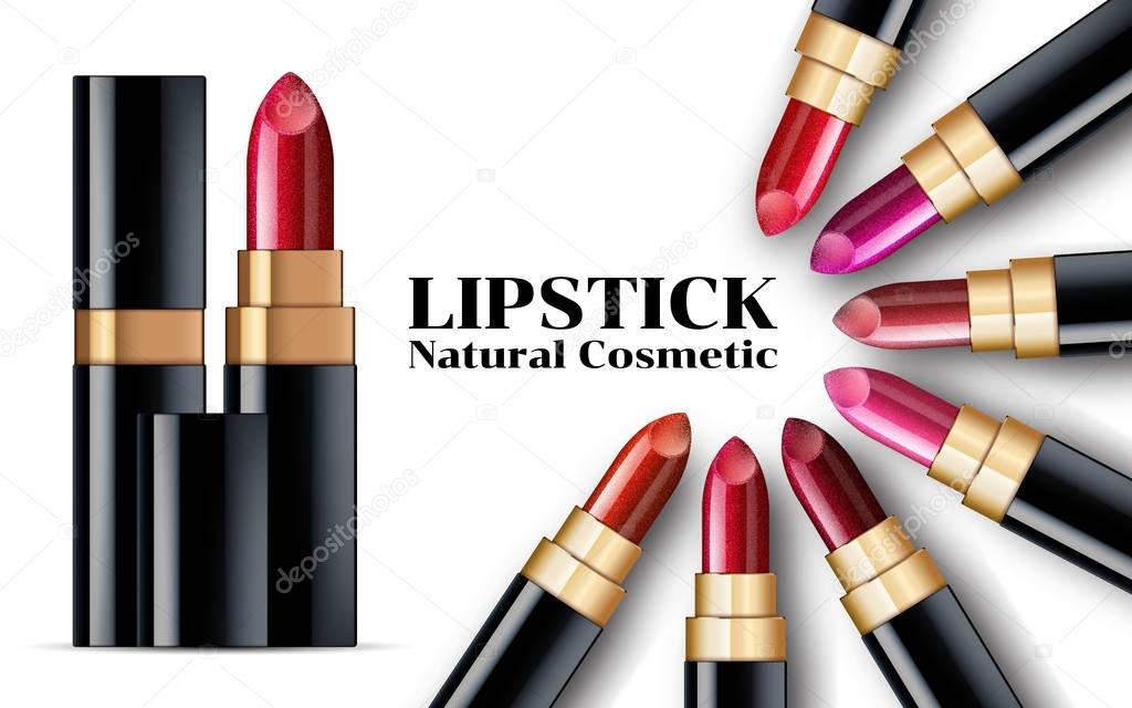 Glamour lipstick ads lipstick in different color tones isolated on white background. Package Design Promotion Product. Cosmetics Advertising Banner Billboard Poster Catalog. 3D Vector Illustration