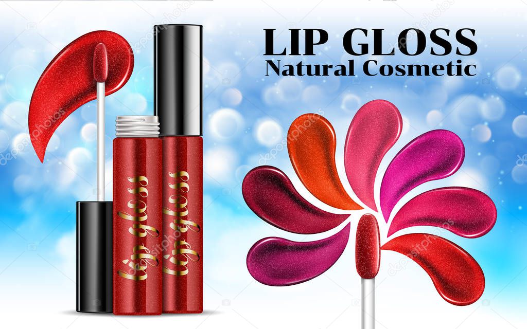 Luxury lip gloss ads Shades of shine sticky glossy liquid transparent glass container Cosmetics Package Design Promotion Product. Advertising Banner Billboard Poster Catalog. 3D Vector Illustration