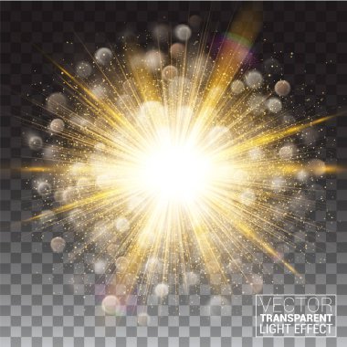 Yıldız patlaması şeffaf altın kızdırma ışık parıldıyor. Etkisi gerçekçi tasarım öğeleri. Vektör çizim Modern arka plan